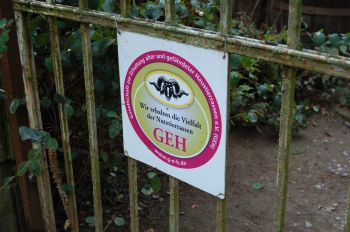 Seit 2019 tragen die Hocks als Wollschweinzüchter das Prädikat der GEH, der "Gesellschaft zur Erhaltung alter und gefährdeter Haustierrassen". Hier das Schild mit dem GEH-Vereinslogo am Hoftor.