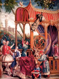 Kaiser und Jesuit: Die zwischen 1690 und 1705 in Beauvais von Philippe Behagle gewirkte Tapisserie zeigt einen ­Jesuiten, der Kaiser Kangxi an einem Globus eine Messung demonstriert. 