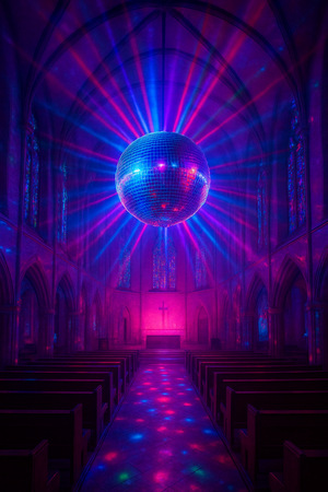 Die Grafik (erzeugt mit KI-Unterstützung) zeigt eine Discokugel, die einen Kirchenraum beleuchtet.
